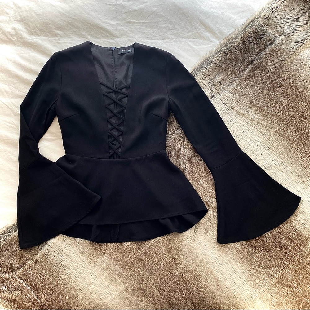 Bell Sleeve Criss Cross Deep V Peplum Top